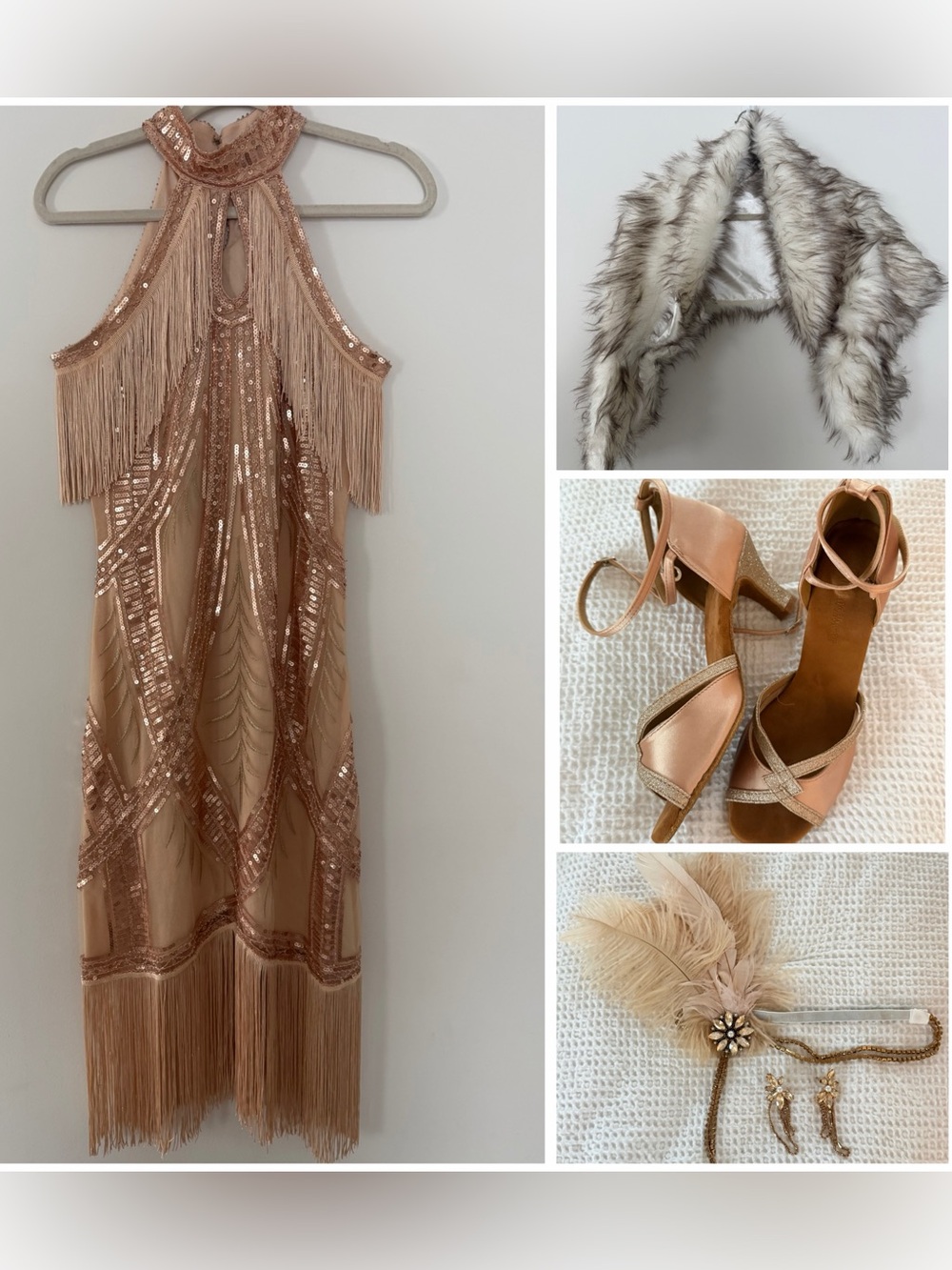 Roaring 20’s Great Gatsby 6pc set (dress, shawl,heels,headband,earrings,gloves)